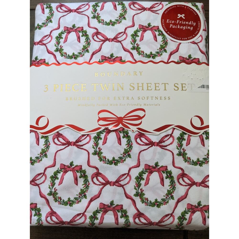 Boundary OEKO-TEX Brushed Four Piece Twin Sheet Set Christmas Wreath Bow Ribbon